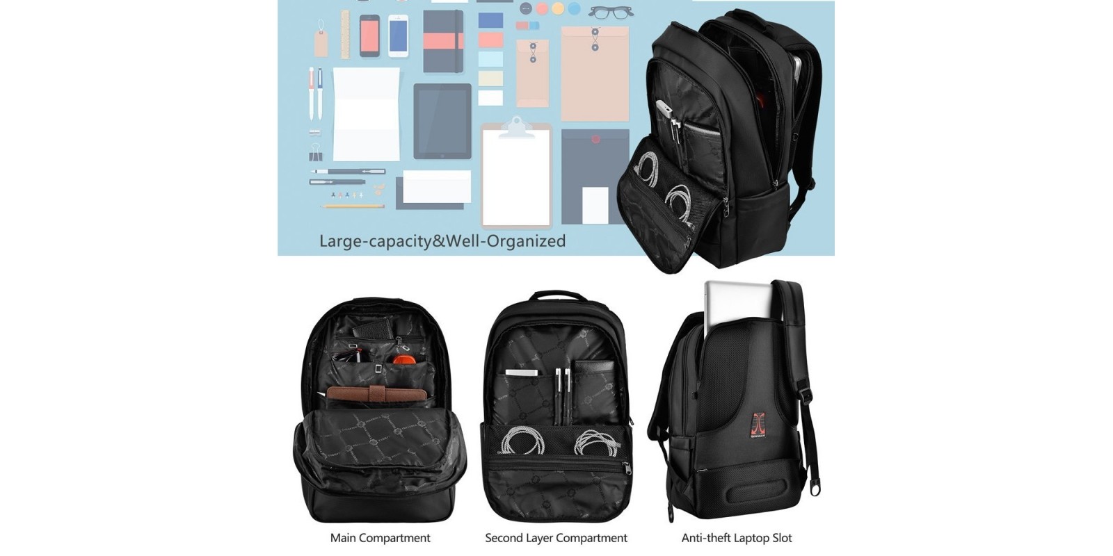 kopack Deluxe Black Waterproof Laptop Backpack – Details